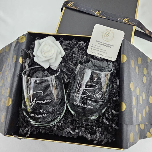 Give a romantic and cherished engagement gift that they can use to toast their future! Our personalized glass gift sets for couples, including whiskey and wine, will be treasured for years to come.