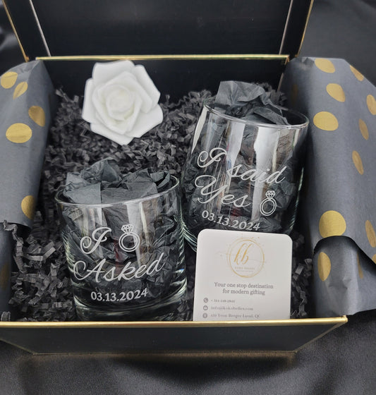 Custom Engagement Gift Box: Personalized couple drinking glasses, including Mr & Mrs options. Shop laser engraved whiskey and wine glass sets for a special touch!
