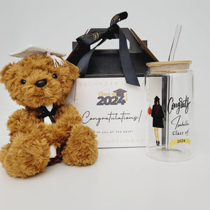 Bear with personalized cap and can-shaped glass