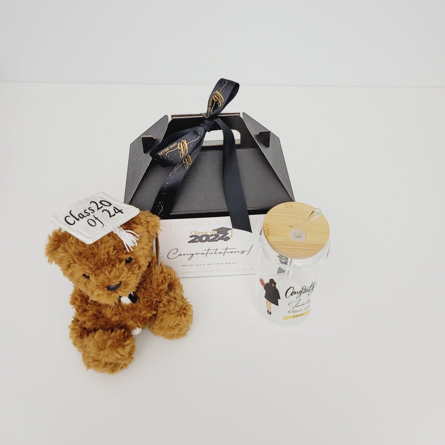 Bear with personalized cap and can-shaped glass