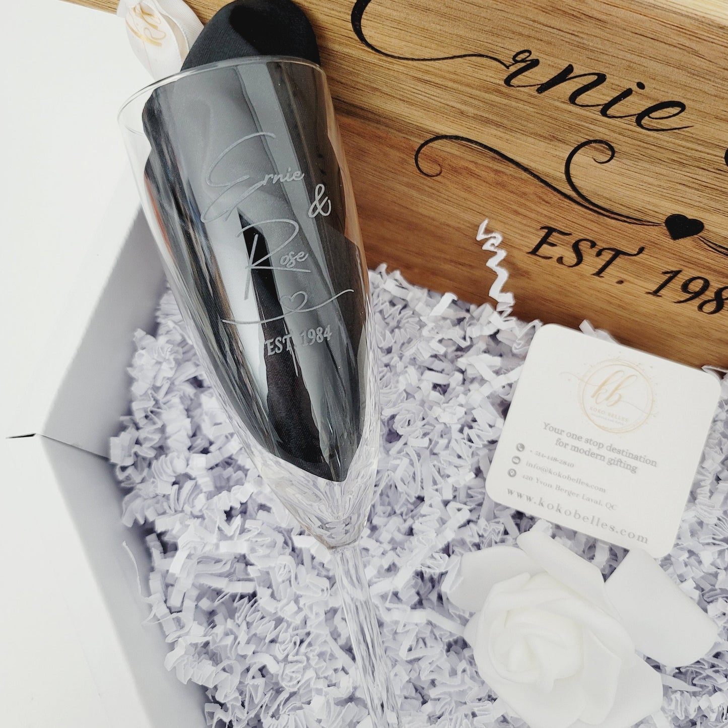 Custom Engraved Cutting Board & Two Champagne Glasses