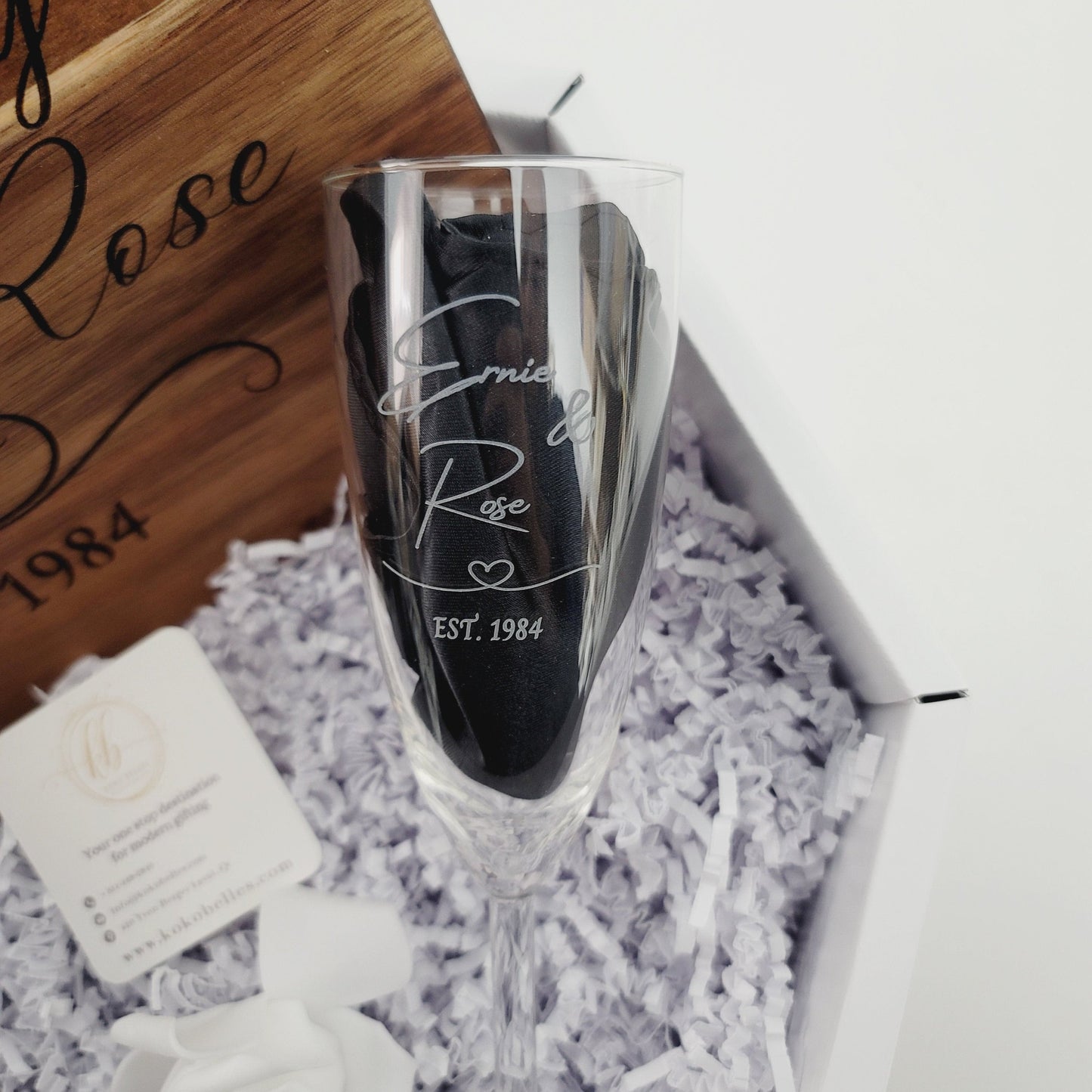 Custom Engraved Cutting Board & Two Champagne Glasses