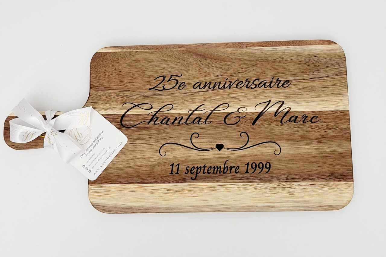 Create a cherished keepsake with our personalized Canadian cherry wood cutting boards. Perfect for wedding and anniversary gifts. Ships quickly from Montreal.
