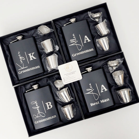 Groomsman Gift for Wedding, Custom Engraved Stainless steel Flask for Best Man Groom Father of Bride, Black