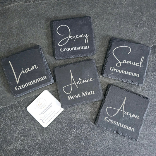 Custom slate coasters: engraved designs. Durable & stylish. Personalize your home or gifts today.