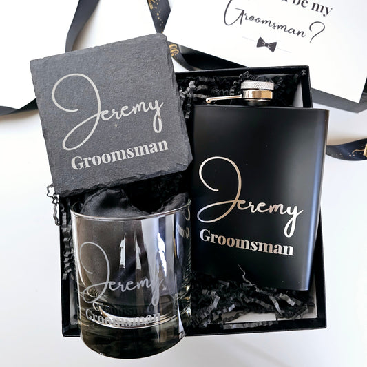 The Gentleman’s Trio – Personalized Whiskey Glass, Hip Flask & Slate Coaster