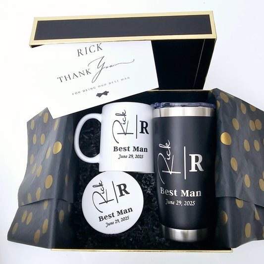 Upgrade your drinkware with this Personalized Gift Set featuring a laser-engraved stainless steel tumbler, a custom printed ceramic mug, and a stylish ceramic coaster. Ideal for coffee lovers, groomsmen, or any special occasion