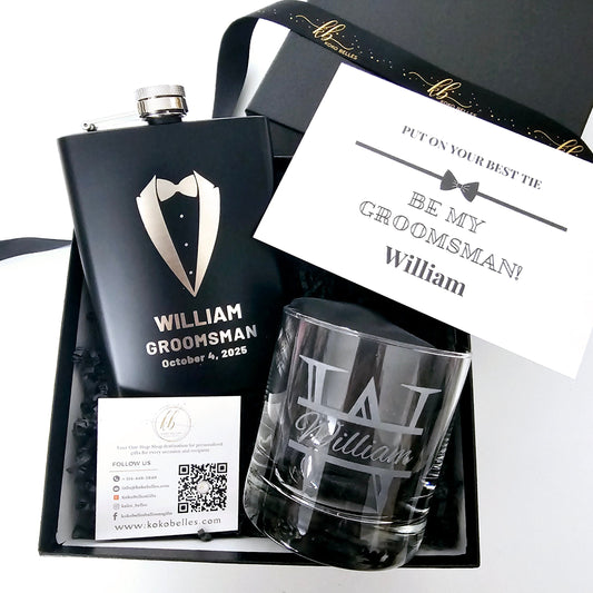Personalized whiskey glass and stainless steel hip flask set. Engraved with custom names, this stylish duo is perfect for toasting and celebrating.