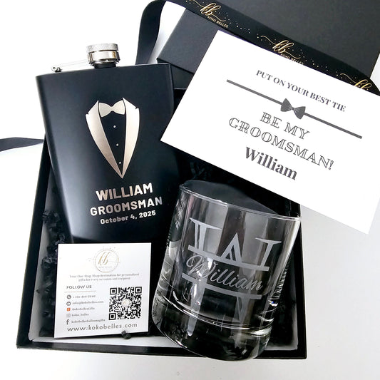 Suit Up & Sip – Groomsmen Gift Set with Flask & Whiskey Glass