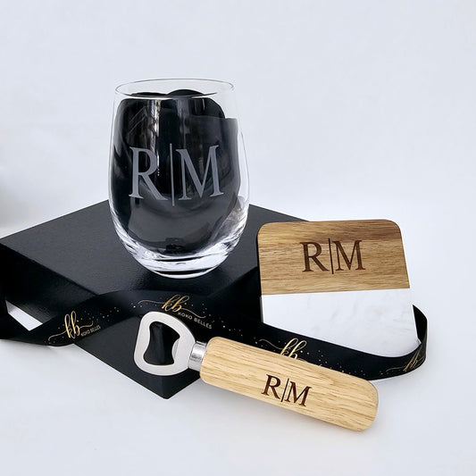 Personalized Wine Glass & Wooden Bottle Opener and wood and marble coaster – A Toast to wine lovers