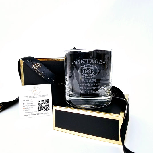 Personalized limited Edition whiskey Glass |Aged to perfection| Gift for him| Vintage whiskey Glass| Milestone Birthday| Bottom laser engraved | Personalized laser engraved whiskey glass