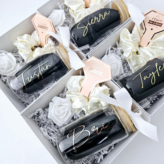 Make asking your girls to be part of your wedding party a fun and unforgettable experience with our charming Bridesmaid Proposal Gift Set. Their name will be beautifully applied using permanent, high-quality vinyl.