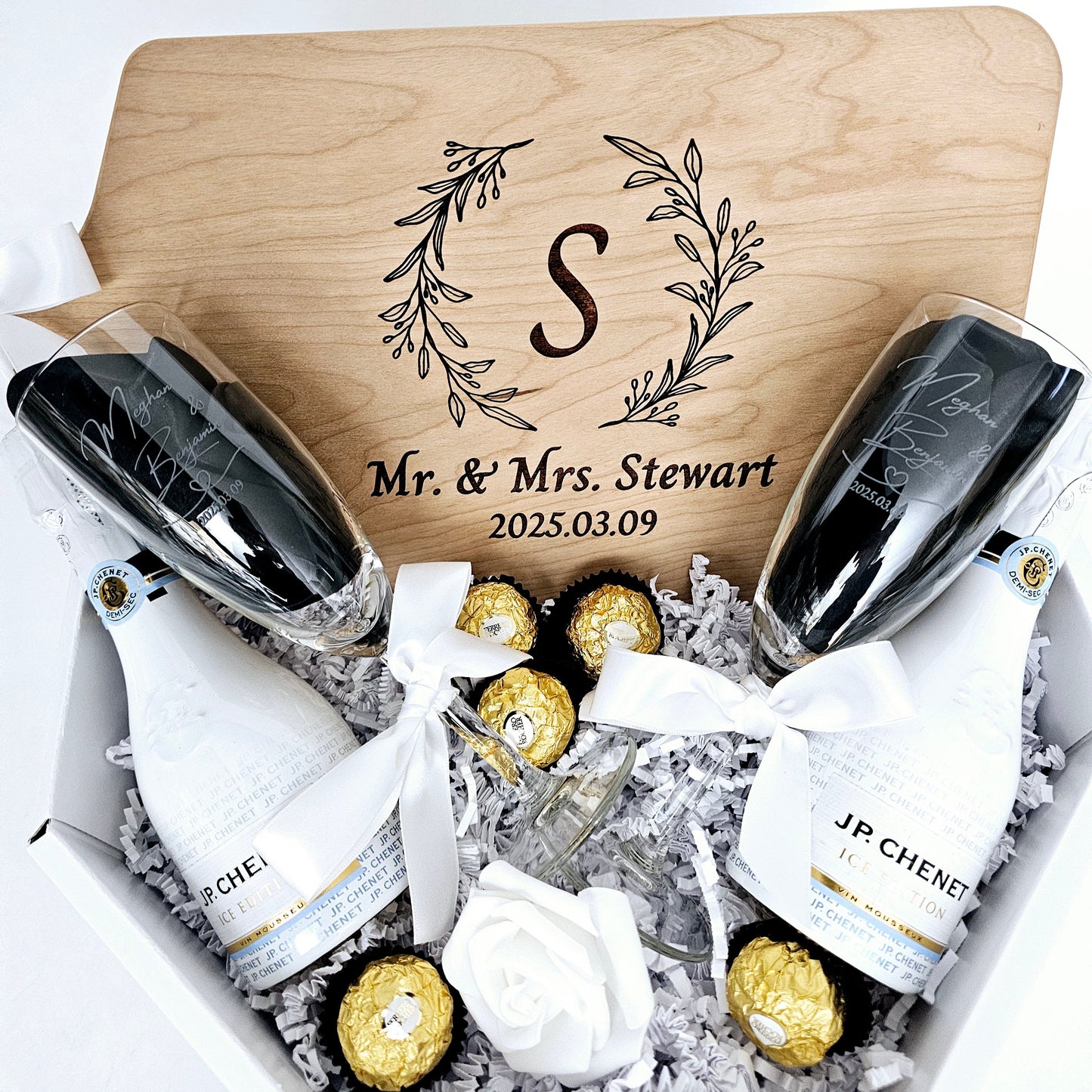 Custom Engraved Cutting Board & Two Champagne Glasses
