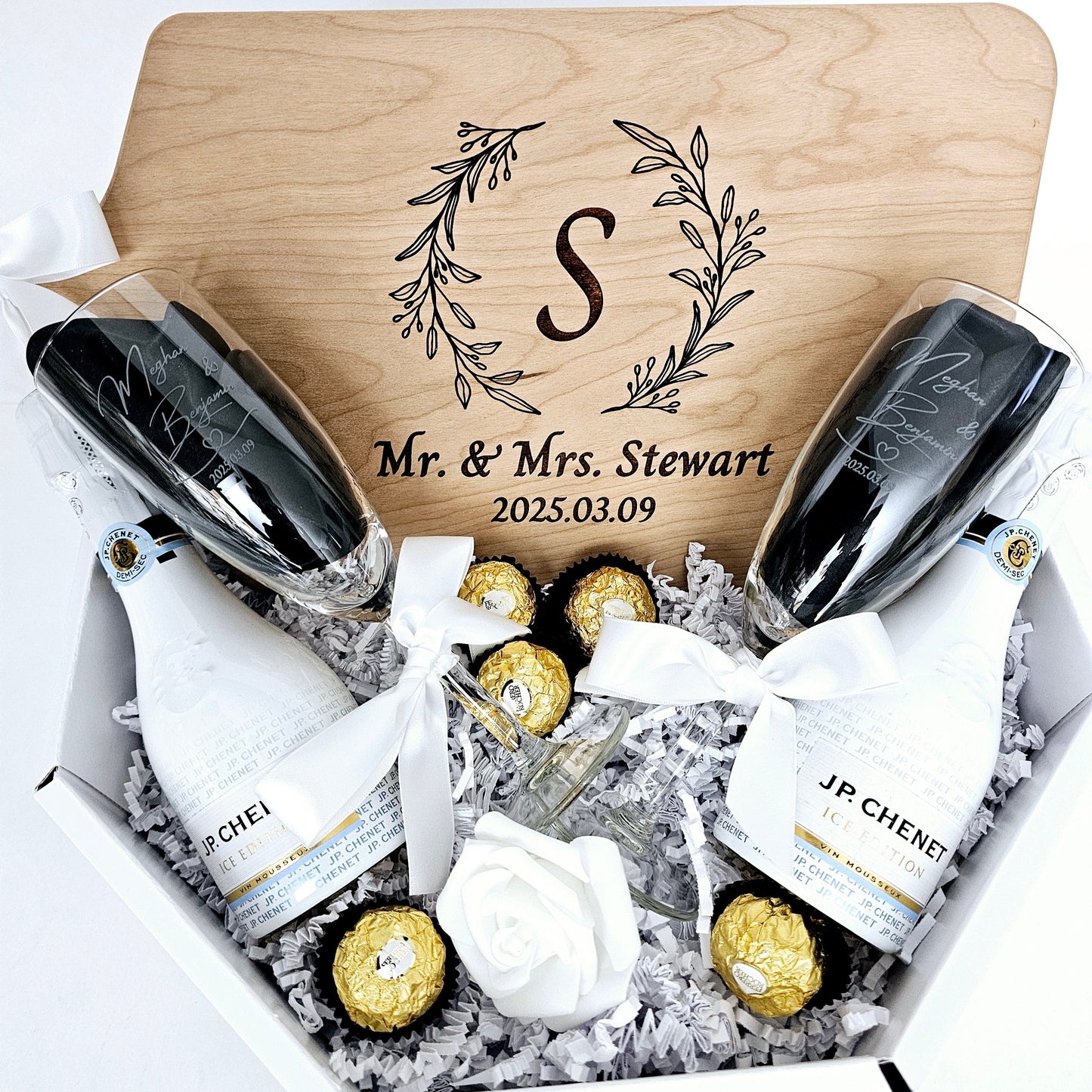 Custom Engraved Cutting Board & Two Champagne Glasses
