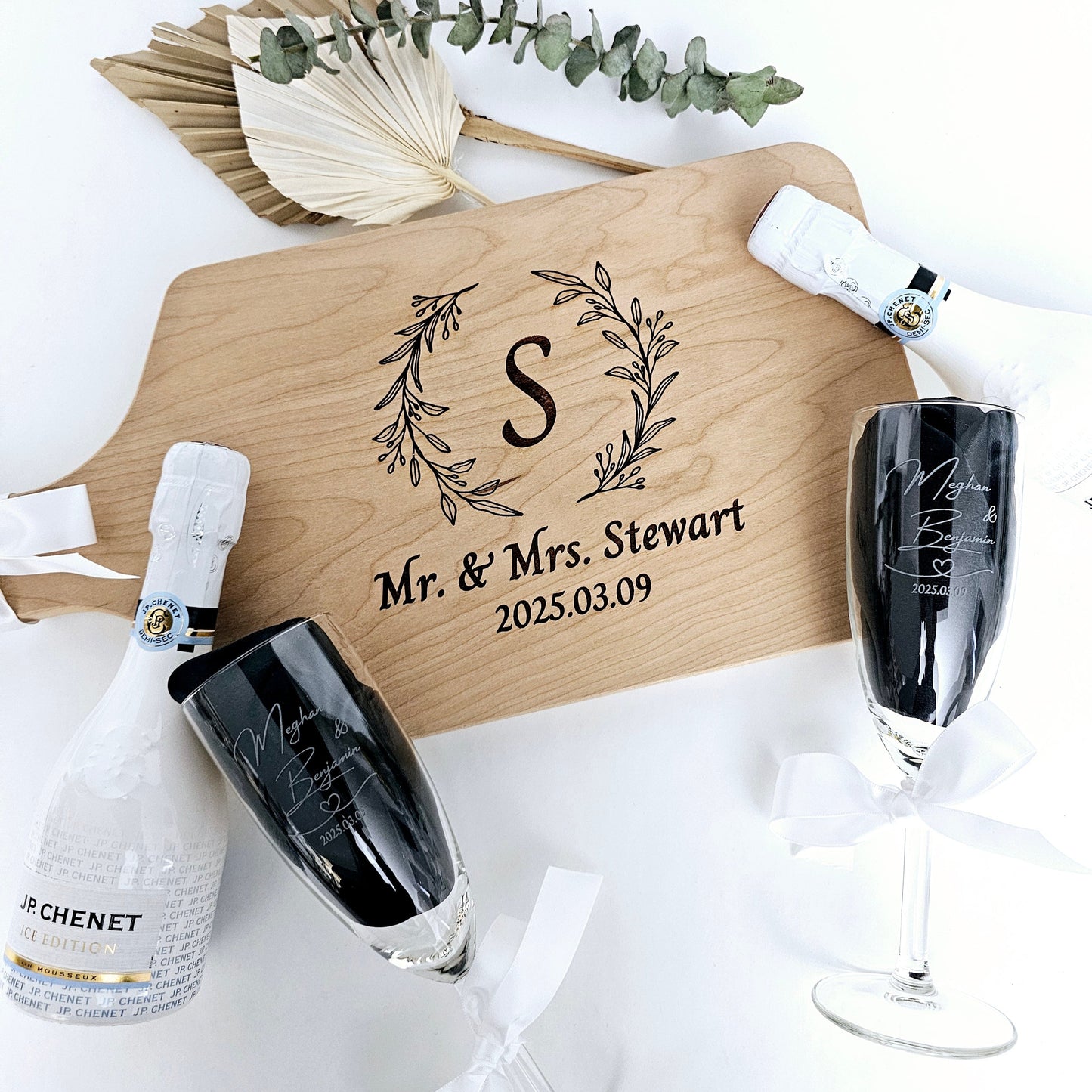 Custom Engraved Cutting Board & Two Champagne Glasses