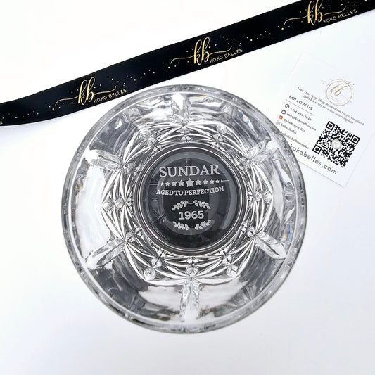 Personalized limited edition whiskey Glass |Aged to perfection| Gift for him| Vintage whiskey Glass| Milestone Birthday| Bottom engraving