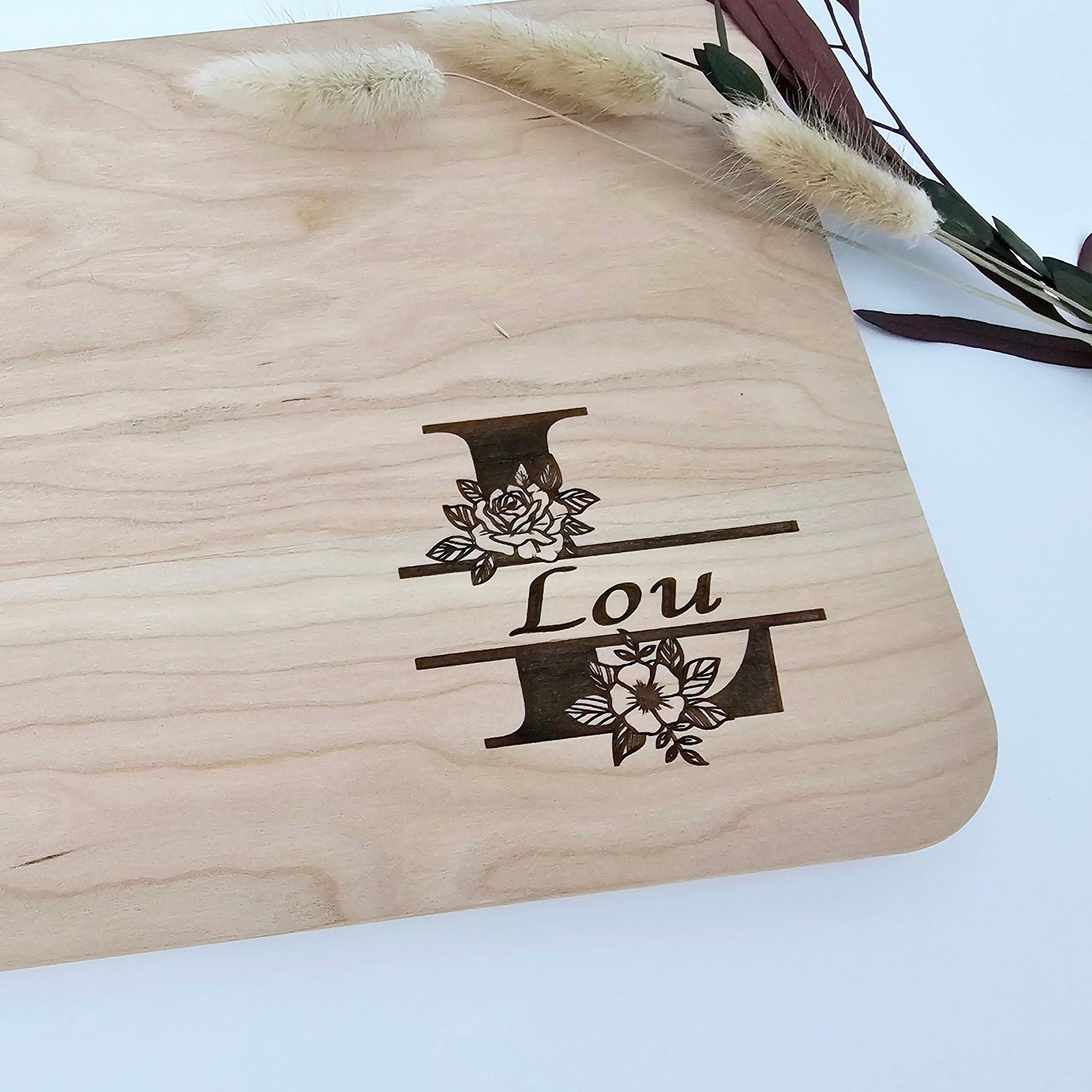 Floral Initial Family Name Engraved Cutting Board