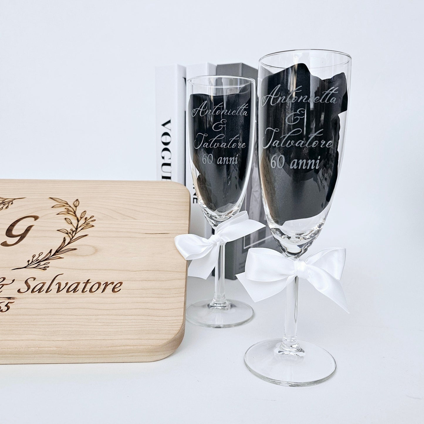 Custom Engraved Cutting Board & Two Champagne Glasses