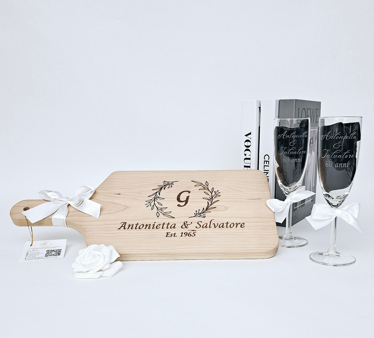 Custom Engraved Cutting Board & Two Champagne Glasses