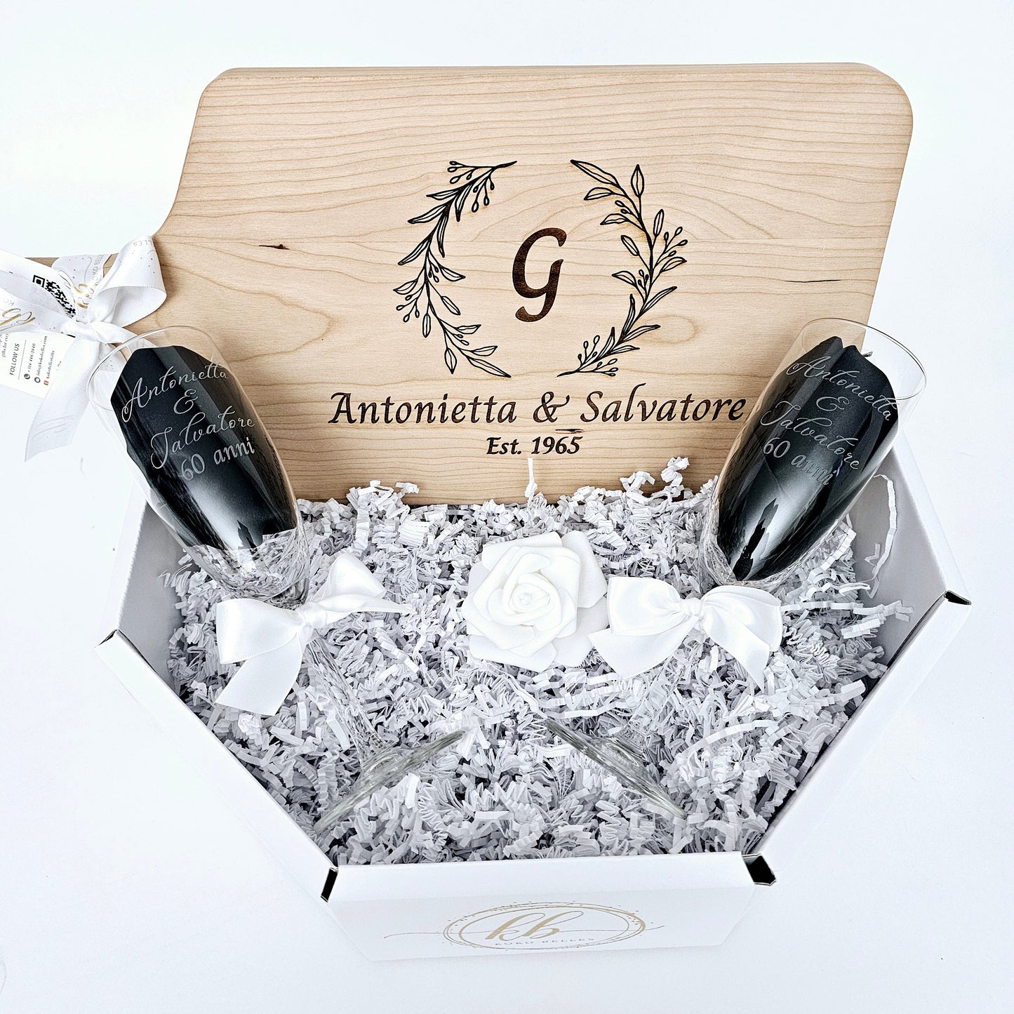 Custom Engraved Cutting Board & Two Champagne Glasses