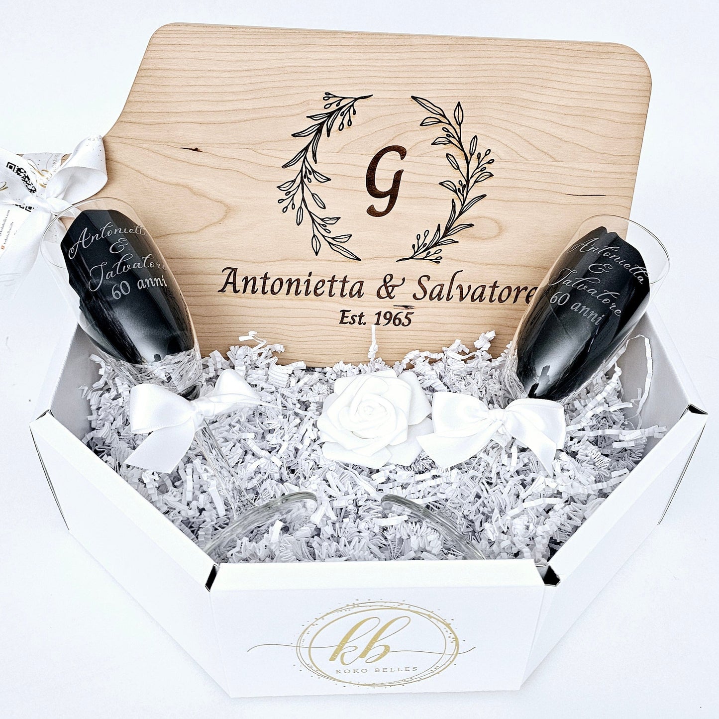 Custom Engraved Cutting Board & Two Champagne Glasses