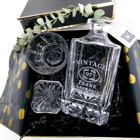 Make his milestone birthday unforgettable with our Personalized Laser-Engraved Whiskey Decanter Gift Set.