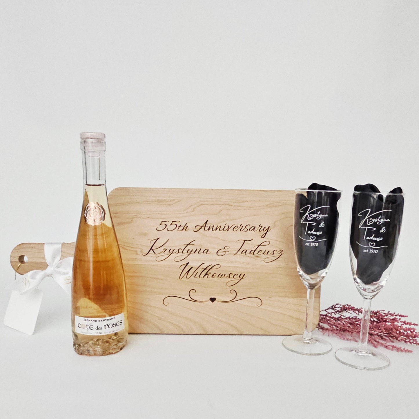 Custom Engraved Cutting Board & Two Champagne Glasses