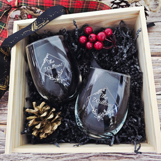 Wine and Whiskey Glass Gift Set with Engraved Wooden Box