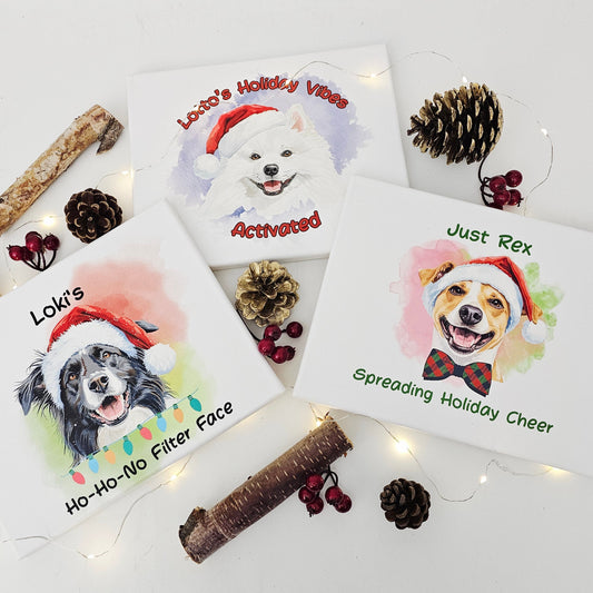 Christmas-themed portrait canvas with dog illustrations