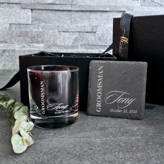 Personalized engraved whiskey glass and slate coaster gift set.  A stylish keepsake for your groomsmen proposal.