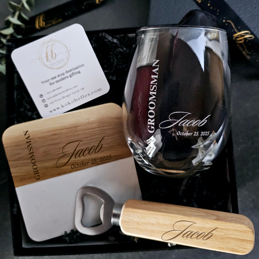 ersonalized Wine Glass & Wooden Bottle Opener – A Toast to Your Groomsmen