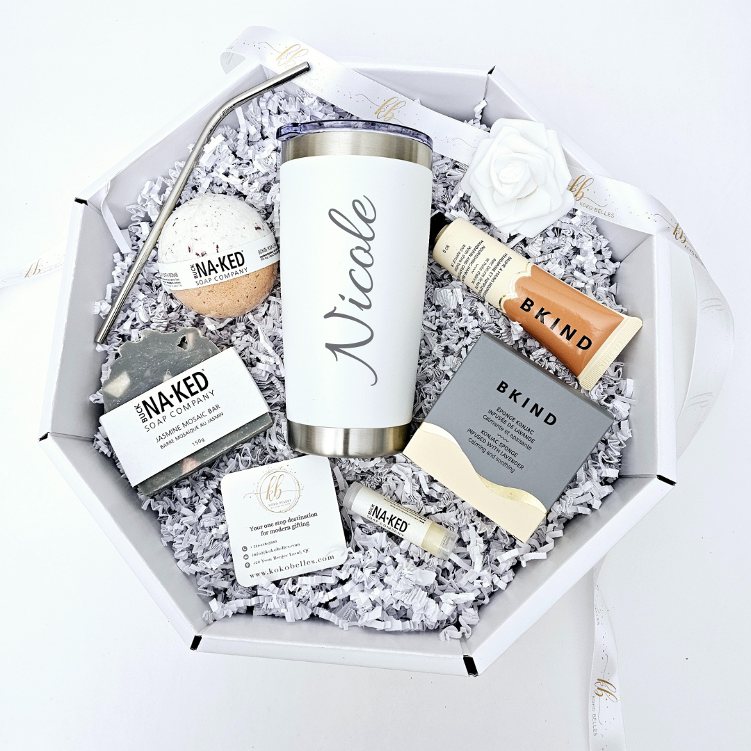 Coffee lover gift box with travel tumbler and organic self care