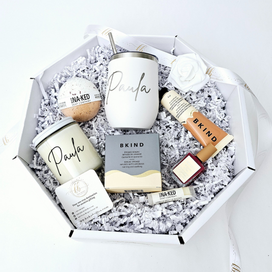 Custom self care gift set with engraved wine tumbler and fragrant candle