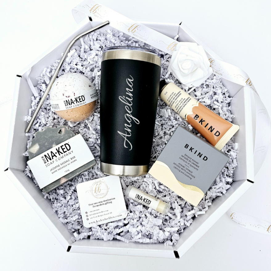 Unique gift for coffee enthusiasts with stainless steel tumbler and spa items