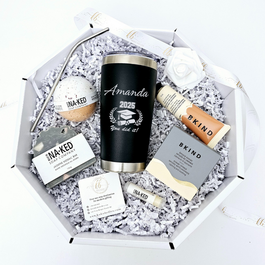 Graduation gift for coffee lovers: Includes a travel tumbler and luxurious organic self-care. A practical and pampering way to say congrats!