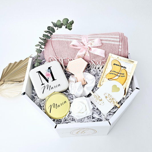 Thoughtful gift set with personalized jewelry box compact mirror hair scrunchie and under eye mask