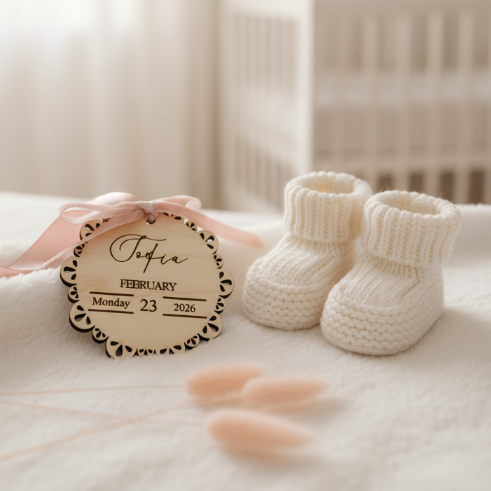 Personalized Scalloped Birth Announcement Plaque - Custom Engraved Wooden Milestone