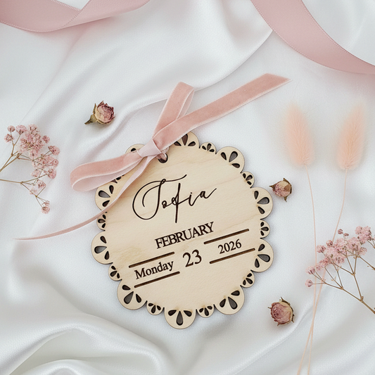 Birth Announcement Plaque on White Satin