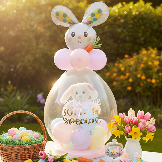 Decorative Easter display with a balloon rabbit, candy, and flowers on a table outdoors.