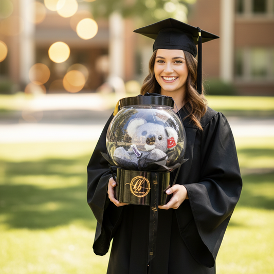 A graduate holding a premium graduation stuffed balloon gift arrangement, featuring a cute koala inside a crystal-clear bubble balloon.