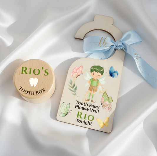 Custom boy's tooth fairy set with an engraved wooden tooth box and a green woodland sprite door hanger for Rio.
