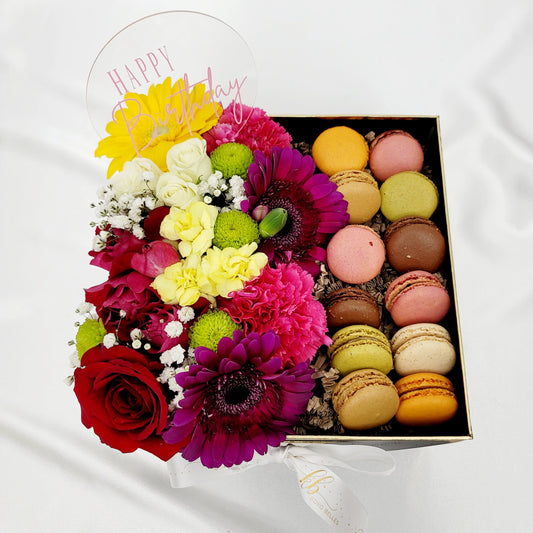 Flowers & French Macarons in Square Box