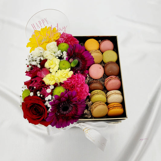 Flowers & French Macarons in Square Box