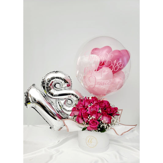 Hot Air Balloon Rose Arrangement with Foil Number balloons