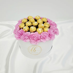 Carnation Flowers & Ferrero Rocher in Round Box