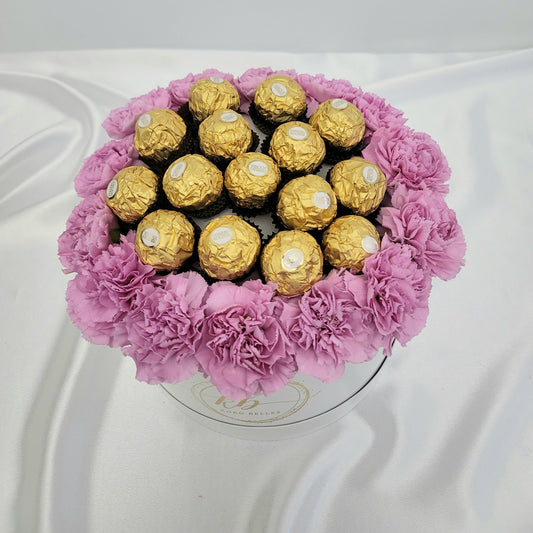 Carnation Flowers & Ferrero Rocher in Round Box