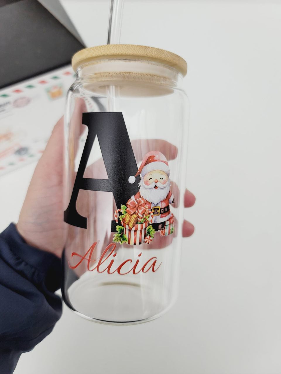 Christmas themed Glass Can Cup with Lid and Straw