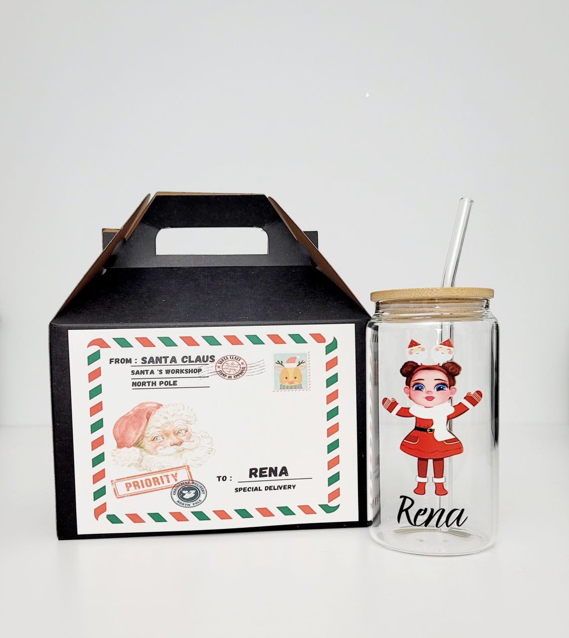 Christmas themed Glass Can Cup with Lid and Straw
