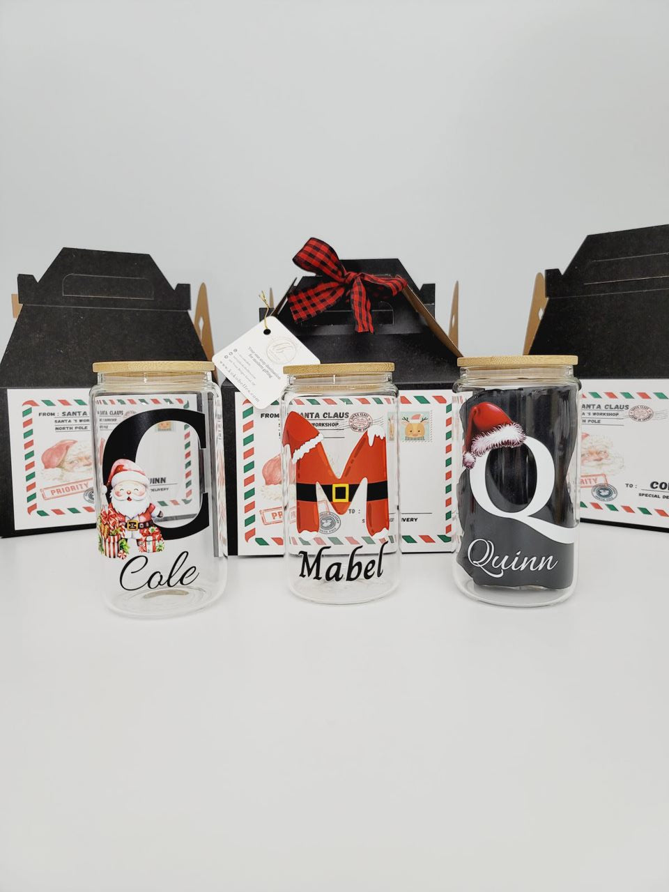 Christmas themed Glass Can Cup with Lid and Straw