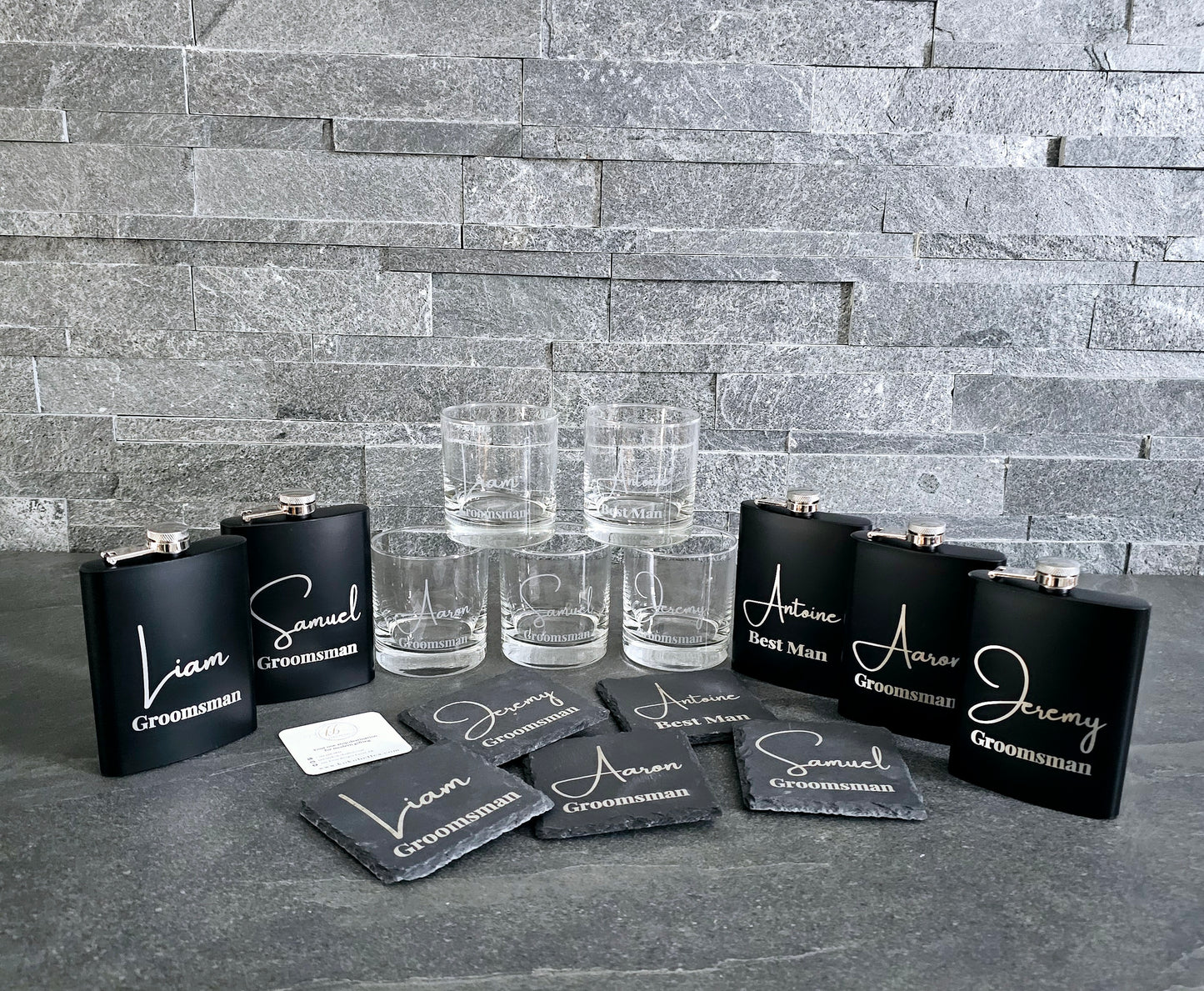 The Gentleman’s Trio – Personalized Whiskey Glass, Hip Flask & Slate Coaster